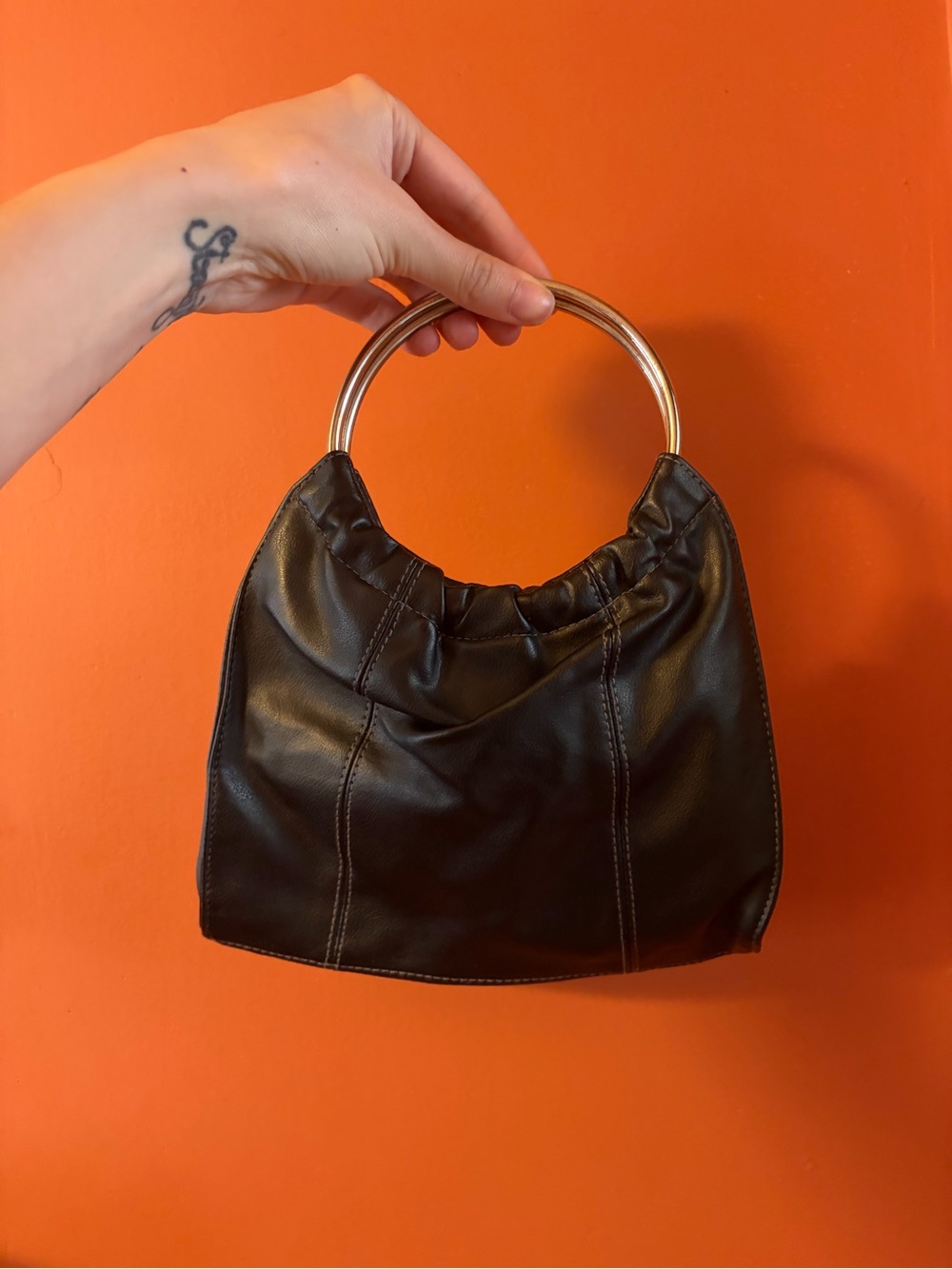 Giannini Structured Black Faux Leather Mini Bag with Metal Ring Handles - Picture 2 of 4